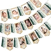 pinkblume 1st Birthday Burlap Photo Banner Garland Handmade Felt from Newborn to 12 Months with Gradient Sage Green Ribbon for Baby Boy Girl Monthly Milestones First Birthday Party Decoration Supplies