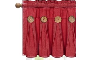 FRAMICS Farmhouse Valance Curtains, Boho Cotton Linen Kitchen Valance, Red Rustic Button Window Valances for Kitchen Bathroom, Country Rod Pocket Valances for Windows Christmas, Red, 52 x 18 Inch