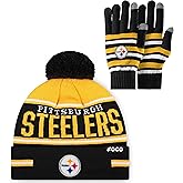 FOCO NFL unisex-adult Nfl Team Logo Adult Stretch Gloves With Big Wordmark Strip Pom Knit Hat Beanie Set