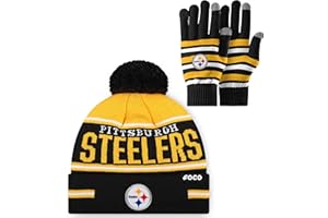 FOCO NFL unisex-adult Nfl Team Logo Adult Stretch Gloves With Big Wordmark Strip Pom Knit Hat Beanie Set