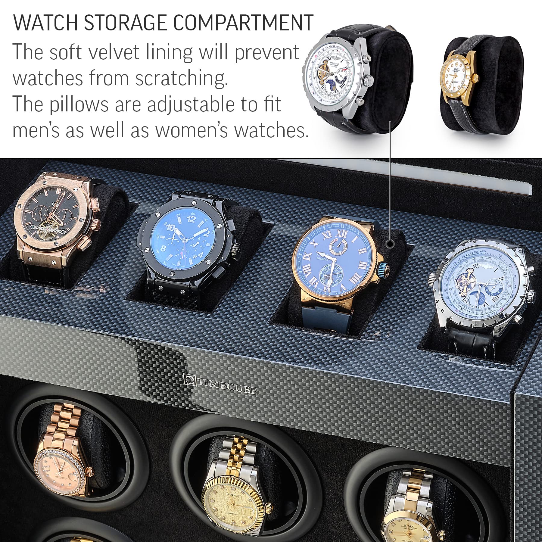 TIMECUBE Watch Winder for 12 Watches with Interior Light and 4 Watch Storage Slots (Carbon)