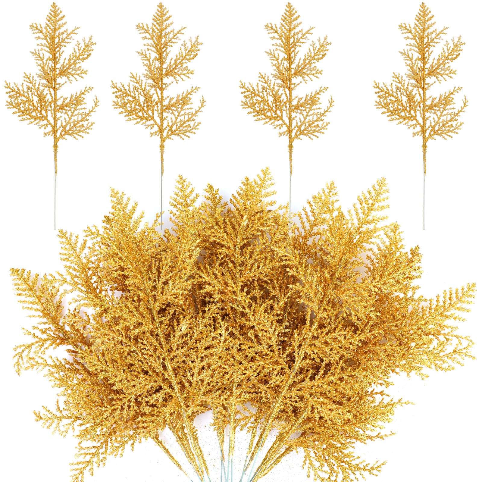 MWOOT 16 PCS Christmas Artificial Pine Needles Branches, Gold Glitter Faux Pine Twigs for Centerpieces, Fake Christmas Tree Picks for DIY Garland Wreath Wedding Bouquet Table Home Garden Décor