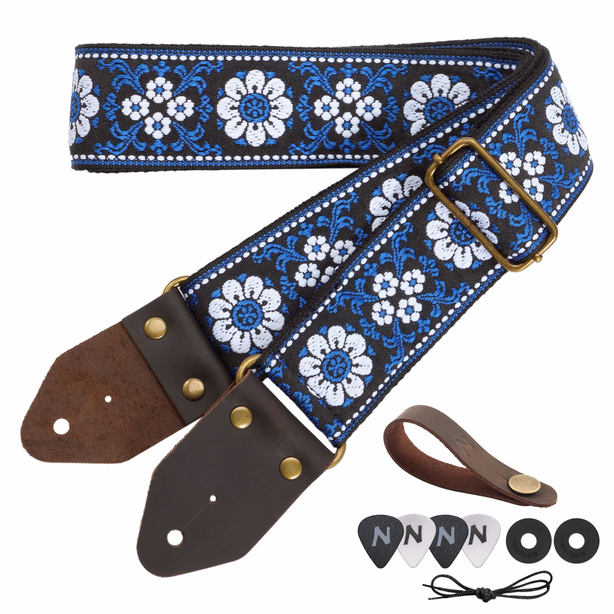 Nefelibata Guitar Strap,Jacquard Embroidery Cotton Guitar Straps with Crazy Horse Leather Ends for Bass, Electric & Acoustic, Gifts for Kids, Guitarists