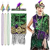 Homgaty Mardi Gras Costume Set for Women, 6-Piece Accessory Set with Sequin Shawl Scarf, Feather Headband, Tassel Earrings, 3x Beaded Necklaces for Carnival, Parade, Party