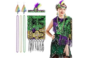 HOMGATY Mardi Gras Costume for Women, 6 Pack Mardi Gras Sequin Shawl Scarf with Mardi Gras Headband, Tassel Earrings, 3 Mardi Gras Beads Necklace, Mardi Gras Set for Carnival Celebration Parade Dress Party