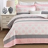 Homzard Floral Comforter King Size,Cotton King Size Quilt Sets,Pink White Grey Comforter Set,Farmhouse Striped Bedding Set,Lightweight Reversible 3 Piece Bedspread,All Season
