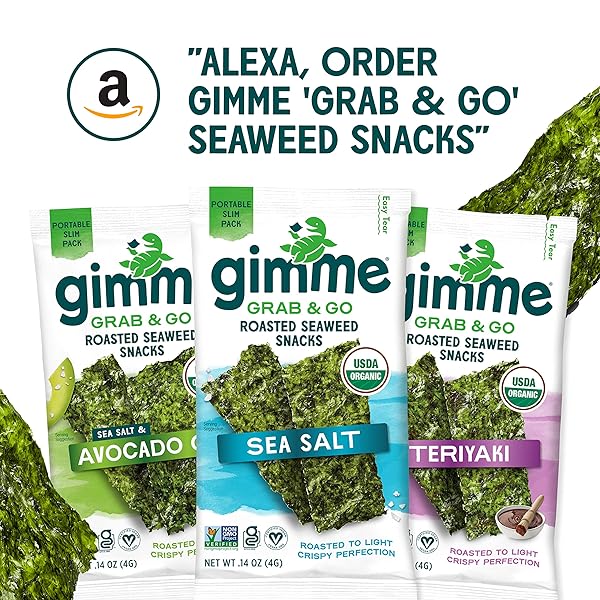 GIMME SEAWEED GRAB & GO ORGANIC PREMIUM ROASTED SEAWEED SNACKS, TERIYAKI, 5 COUNT TRAYLESS, KETO, VEGAN, GLUTEN-FREE, SOURCE OF OMEGA3S AND IODINE, HEALTHY ON-THE-GO SNACK FOR KIDS AND ADULTS