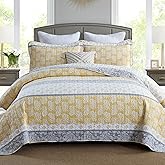 AJOCCI Quilt King Size, Cotton King Size Comforter Set, Yellow Grey White Bedding, Farmhouse Striped Bed Set, Lightweight Bedspread All Seasons 3 Piece
