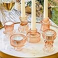 Kate Aspen Geribbelde Roze Gouden Glas Kandelaars - Set Van 6 In 3 Maten, Voor Theelicht En Votive Kaarsen