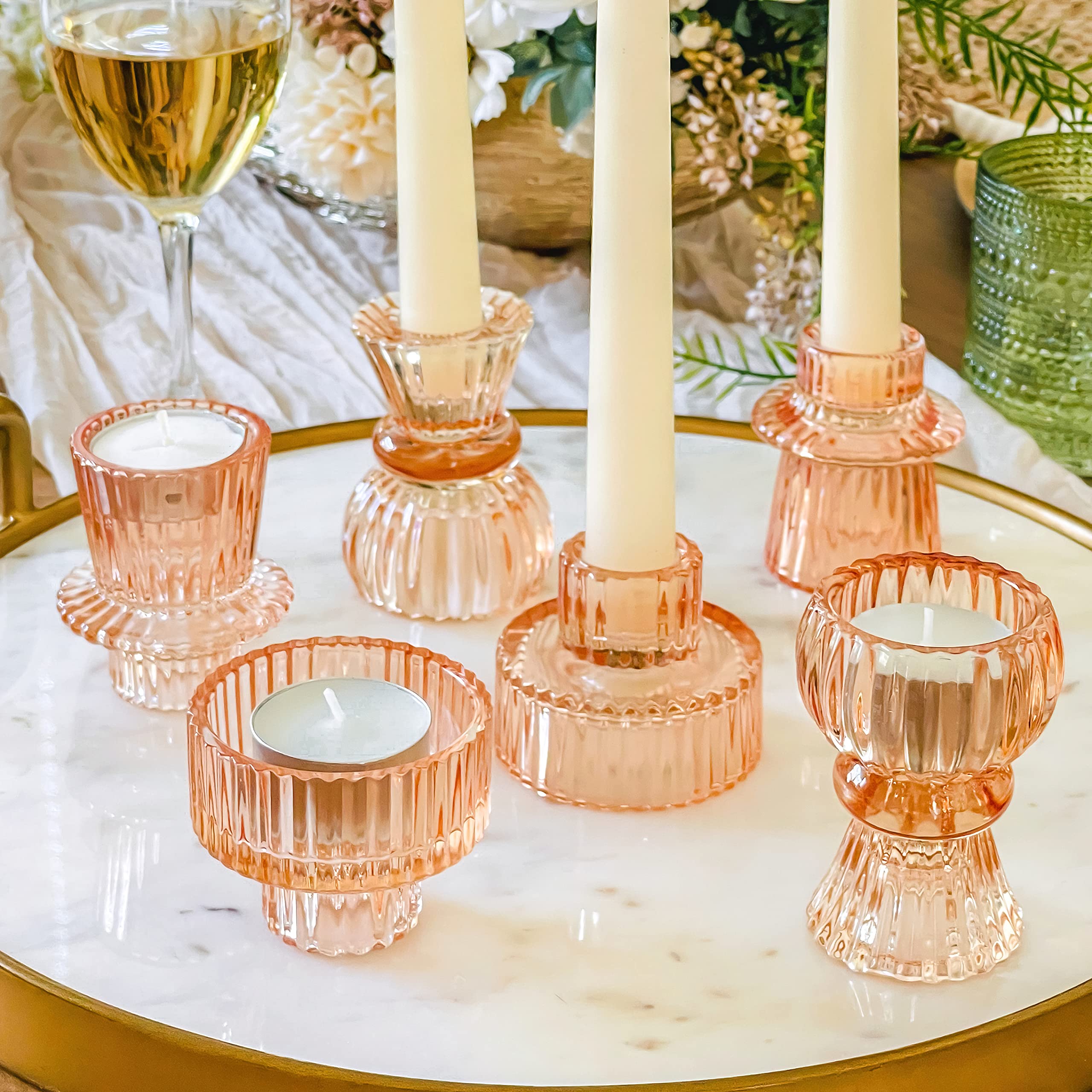 Kate Aspen Doube Sided Vintage Ribbed Rose Gold Pink Glass Candlestick Holders, Pillar Candle, Tealight & Votive Candle Holders (Set of 6, 3 Sizes), Dining Table Decor, Shelf Decor, Centerpiece