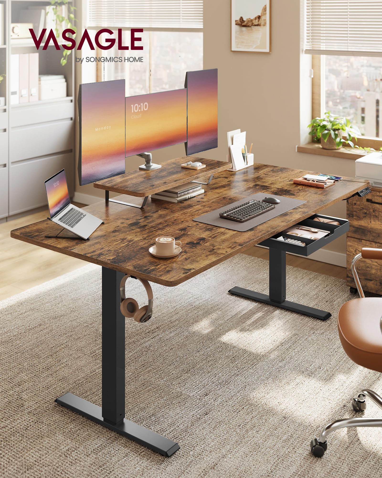 VASAGLE Höhenverstellbarer Schreibtisch, 160 x 80 cm, flexibel montierbarer Monitorständer, Schublade, USB-C-Anschluss, Erinnerung bei langem Sitzen, für Büro, vintagebraun LSD156KD01 2