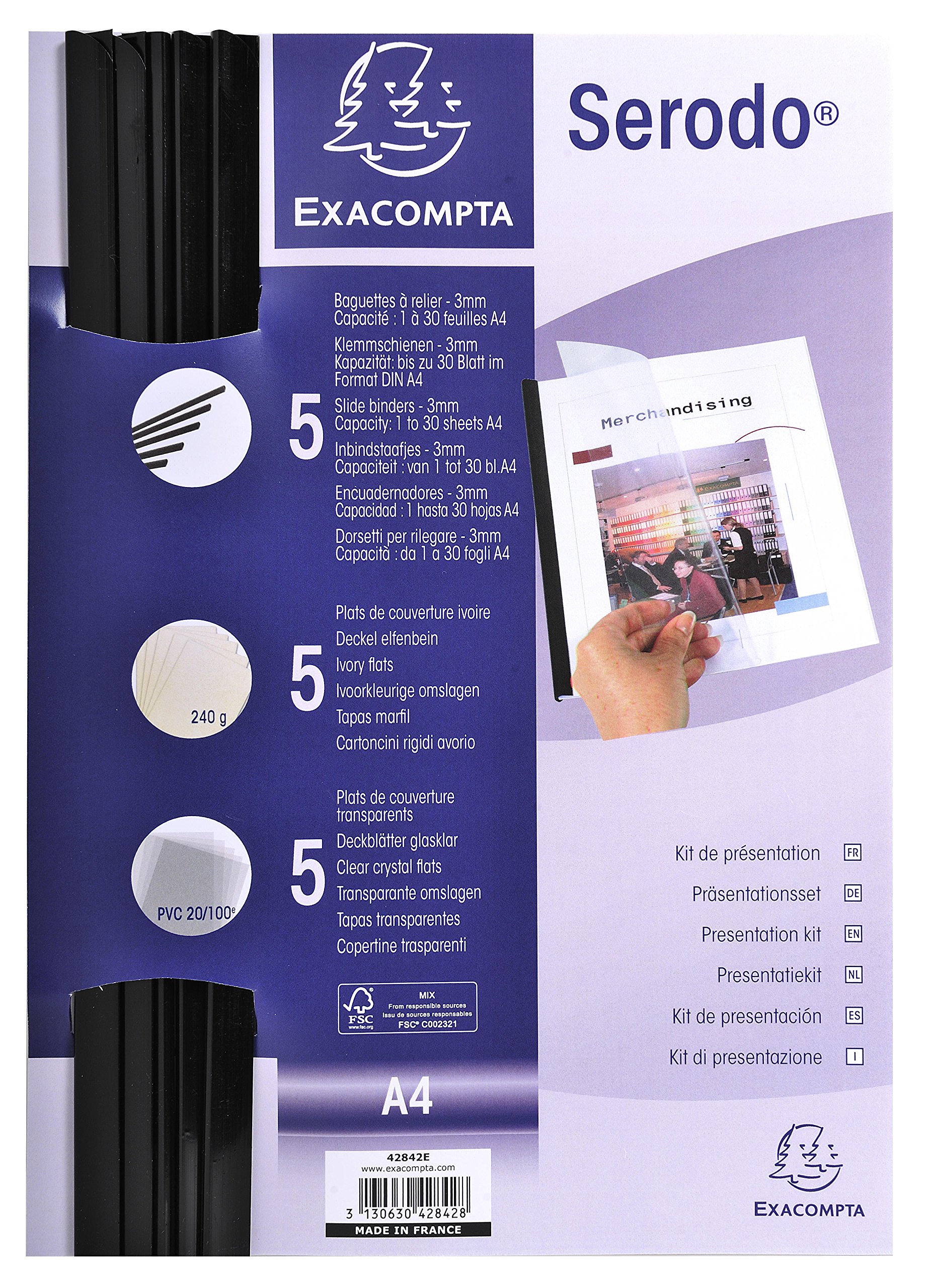 Exacompta Serodo Presentation Kit - 5 Black Slide Binders, 5 Ivory 240gsm Card Sheets, 5 Clear PVC Sheets - Suitable for A4 Documents - Ivory and Clear — image 1