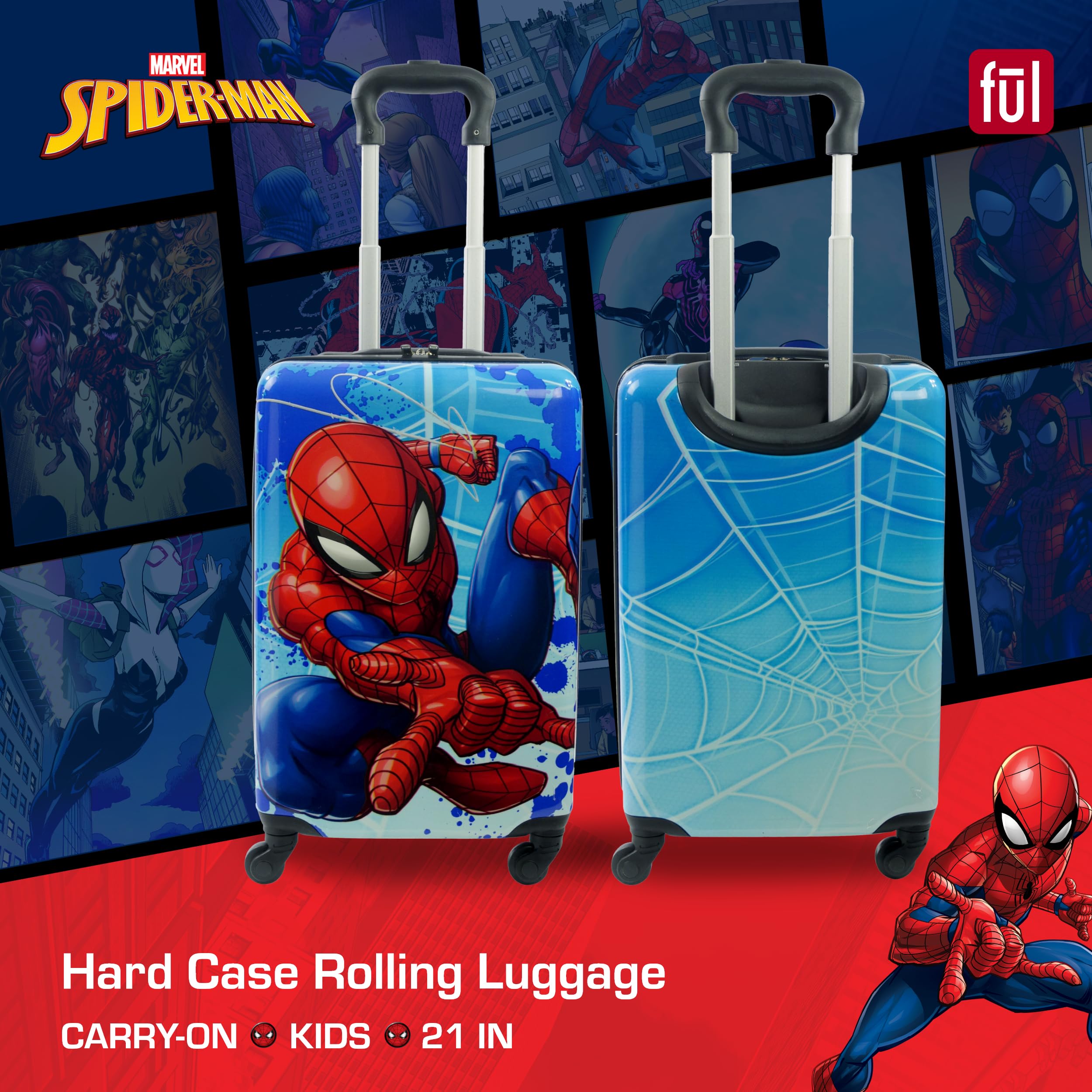 FUL Marvel Spider-Man 21 Inch Kids Carry On Luggage, Hardshell Rolling Suitcase with Spinner Wheels, Multi, Small