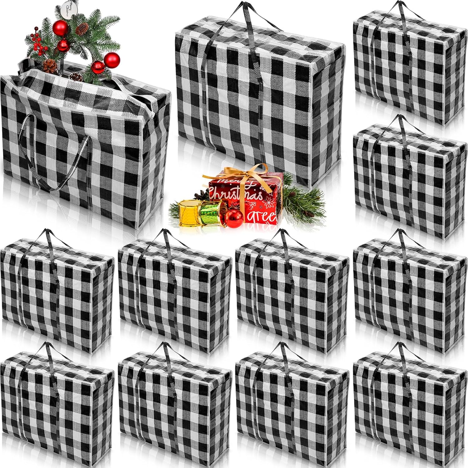 Holiday Décor Storage - Wesnoy 12 Pcs Extra Large Christmas tree Storage Bags 27 x 20 Inch Oversized Checked Christmas Tree Storage Box Heavy Duty Containers for Xmas Trees Ornaments Decorations (Black)