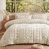 MR&HM Beige Comforter Set Queen, Tufted Boho Bedding Set, Farmhouse Bed in a Bag Set 7 Pieces with 1 Comforter, 2 Pillow Shams, 2 Pillowcases, 1 Flat Sheet, 1 Fitted Sheet for All Seasons
