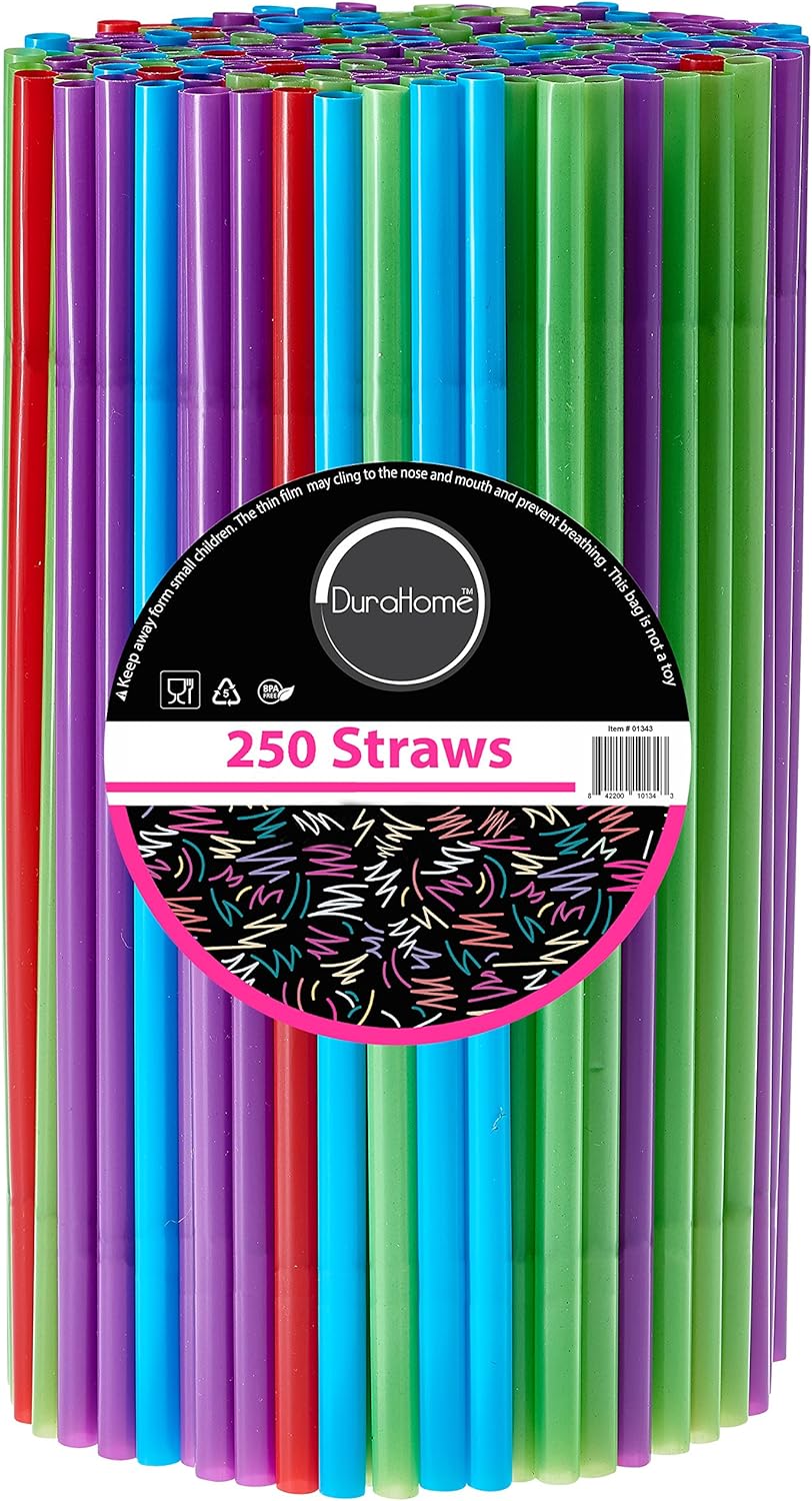 Plastic Drinking Straws, 250 Count BPA-Free Multi-Colored Disposable Plastic Straws 8.25" Long, Assorted - DuraHome (250 Pack): Kitchen & Dining