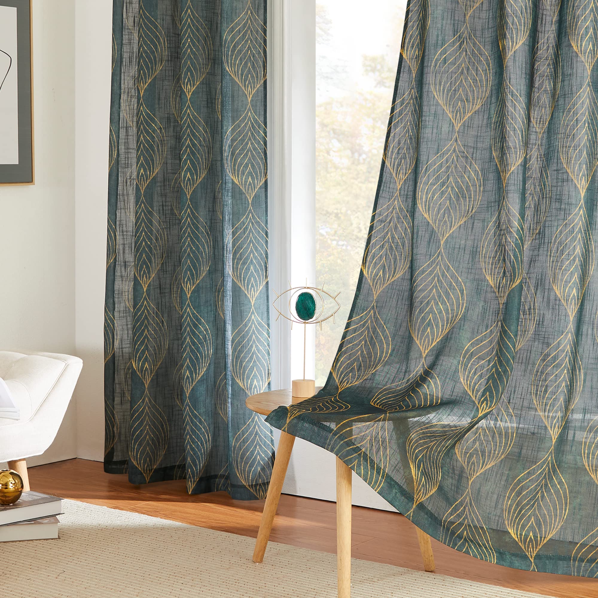 KGORGE Sheer Curtains for Bedroom - Curtains 84 inches Long Soft Light Filtering Geometry Leaves Print Window Treatments for Bathroom French Door Living Room Office, 2 Panels, Sage Image