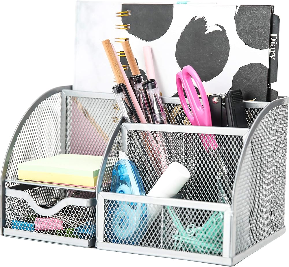 EXERZ Desk Organiser Mesh Desk Tidy Caddy Pen Holder 7 Compartments Silver Grey