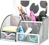 EXERZ Desk Organiser Mesh Desk Tidy Caddy Pen Holder 7 Compartments Silver Grey