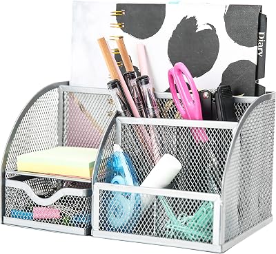 EXERZ Desk Organiser Mesh Desk Tidy Caddy Pen Holder 7 Compartments Silver Grey