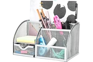 EXERZ Desk Organiser/Mesh Desk Tidy Caddy/Pen Holder/Multifunctional Organiser with 7 Compartments - Silver Grey Colour