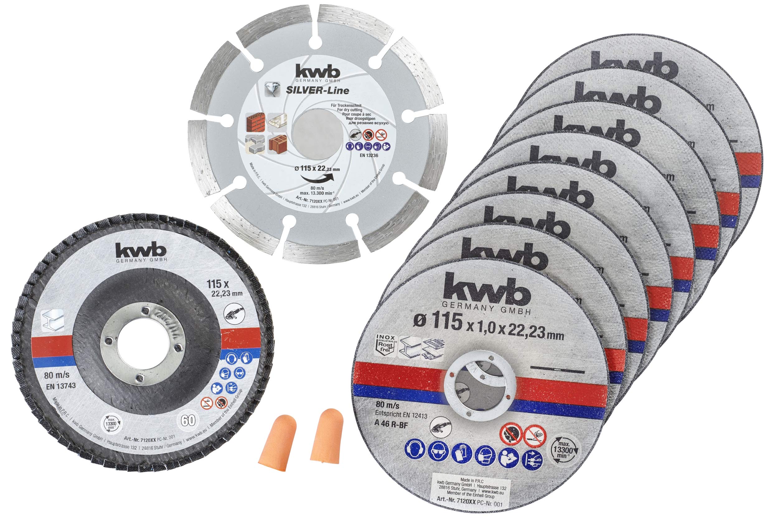 KWB 115MM Thin Cutting Discs + Diamond and Grinding DISC in Storage Box, for Stainless Steel INOX, Including EARPLUGS