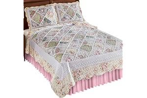 Collections Etc Diamond Patchwork Enchanted Garden Quilt with Ruffled Edges - Floral Print Along Scalloped Edges - Machine Washable - Polyester