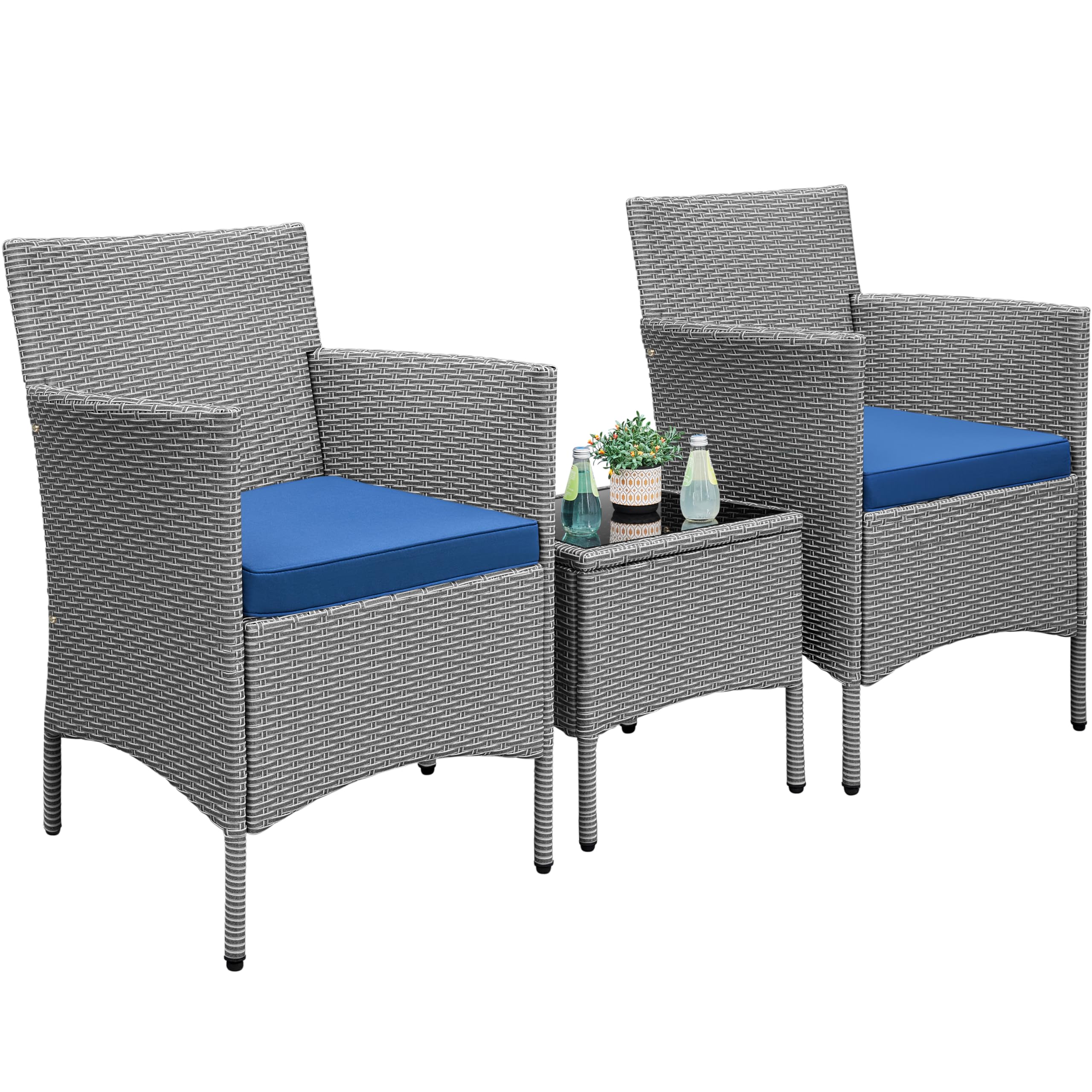 Yaheetech 3 Pieces Patio Porch Furniture Set, Outdoor PE Rattan Wicker Conversation Set with Soft Cushions, Glass Coffee Table & 2 Chairs for Garden/Deck/Courtyard/Poolside, Gray/Dark Blue Image