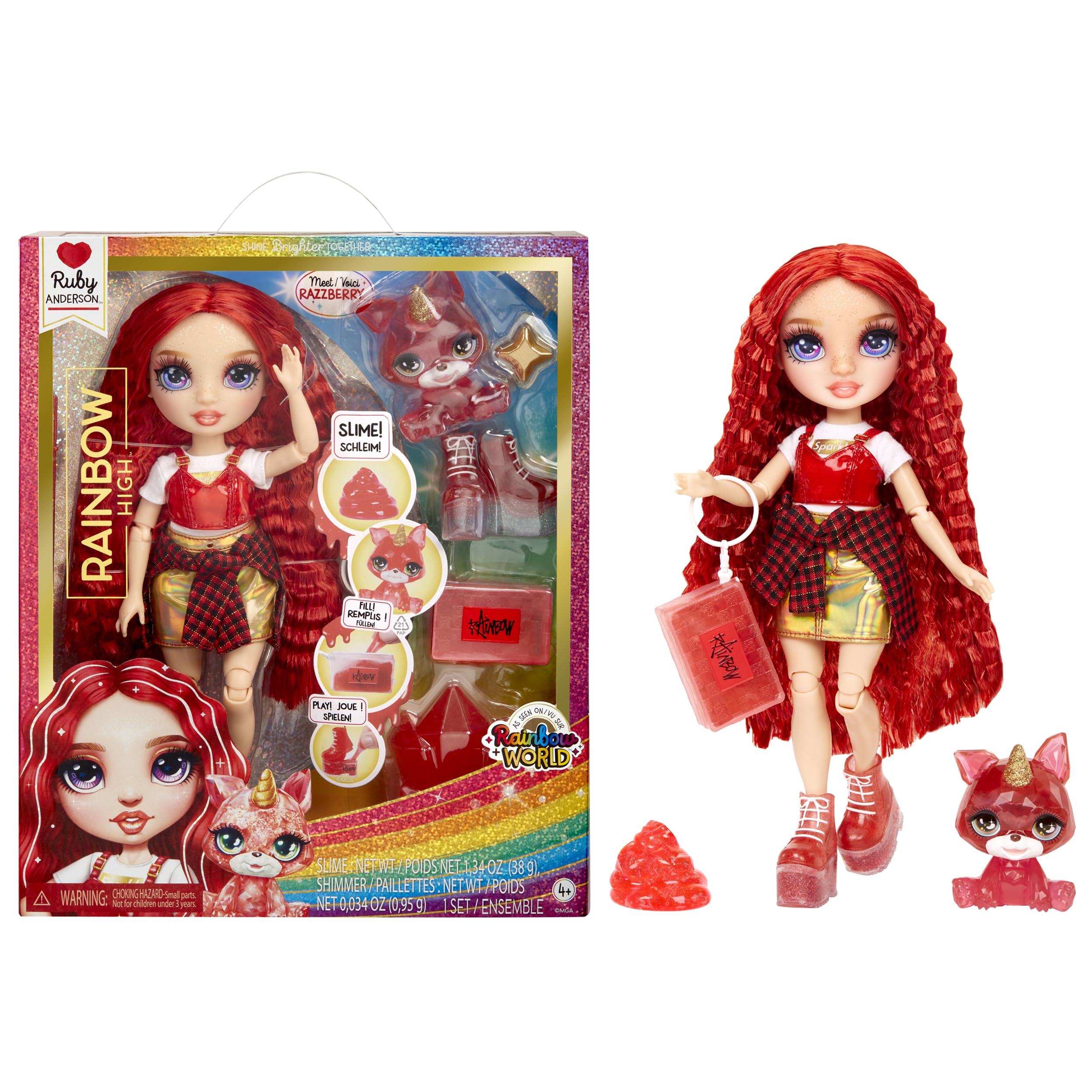 Rainbow High Fashion Doll with Slime & Pet - Ruby (Red) - 28 cm Shimmer Doll with Sparkle Slime, Magical Pet and Fashion Accessories - Kids Toy - Great for Ages 4-12 Years