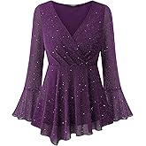 VALOLIA Women Long Sleeve Sparkly Tops V Neck Blouses Dressy Elegant Party Wrap Top