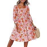 Caracilia Women 3/4 Sleeve Square Neck 2026 Summer Fall Wedding Guest Floral Smocked Casual Boho Midi Dresses