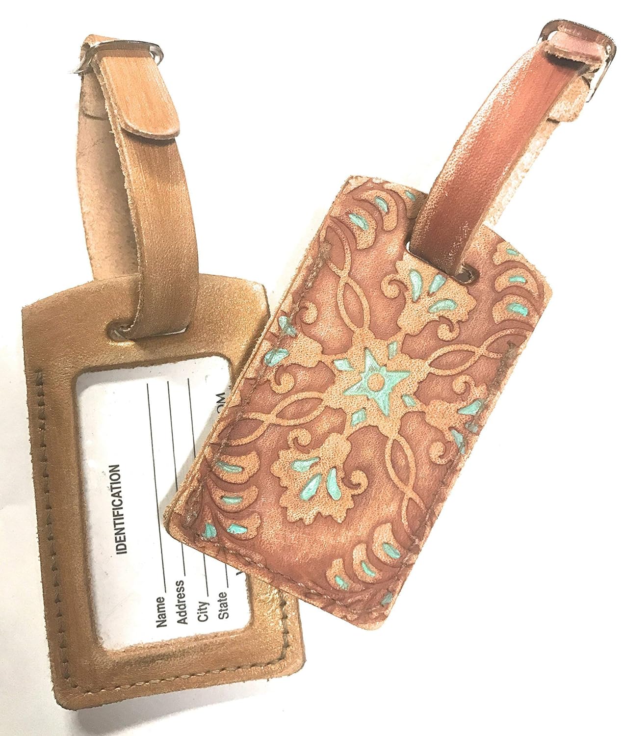 tan leather luggage tag