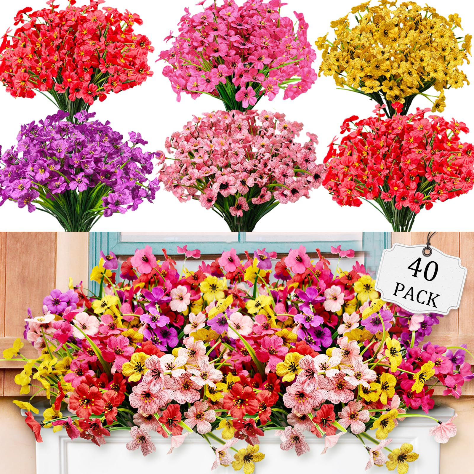 Cherica 40Pcs Plastic Flowers for Outdoors, Fake Outdoor Artificial Flowers for Outdoors UV Resistant, Fake Plants Artificial Plants Outdoor Plastic Plants, Silk Faux Spring Flowers for Outside
