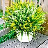 Artificial Plants Outdoor, 20 Pcs Fake Flowers UV Resistant Outdoor Fake Plants, Lavender Artificial Flowers Plastic Fake Faux Flowers Shrubs for Home Porch Garden Yard Window Box (Yellow White)
