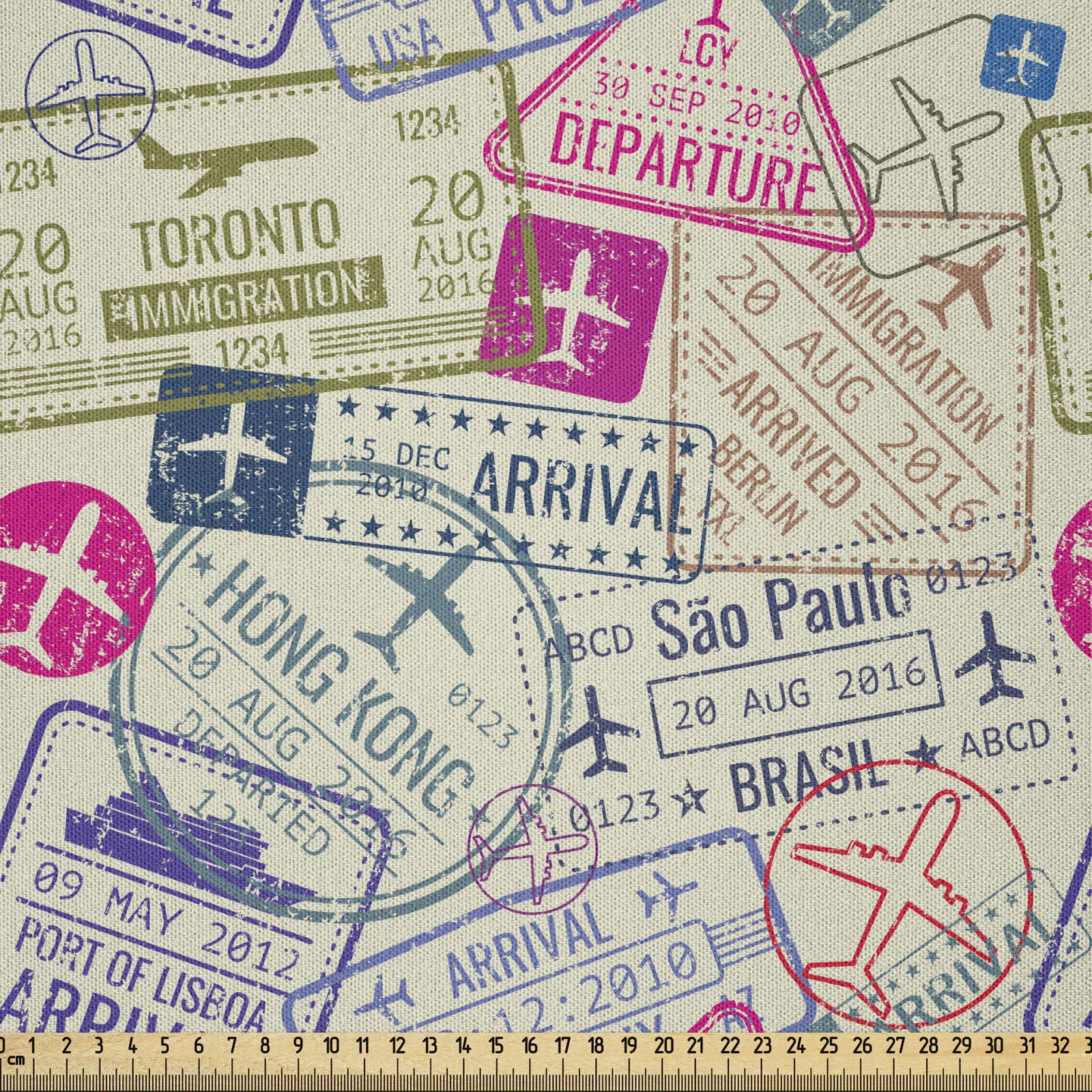 ABAKUHAUS Travel Fabric by the Yard, Passport and Visa Stamps Illustration of Toronto Hong Kong Berlin Print, Microfiber Fabric for Arts and Crafts Textiles Decor, 1M (230x100cm), Eggshell and Pink