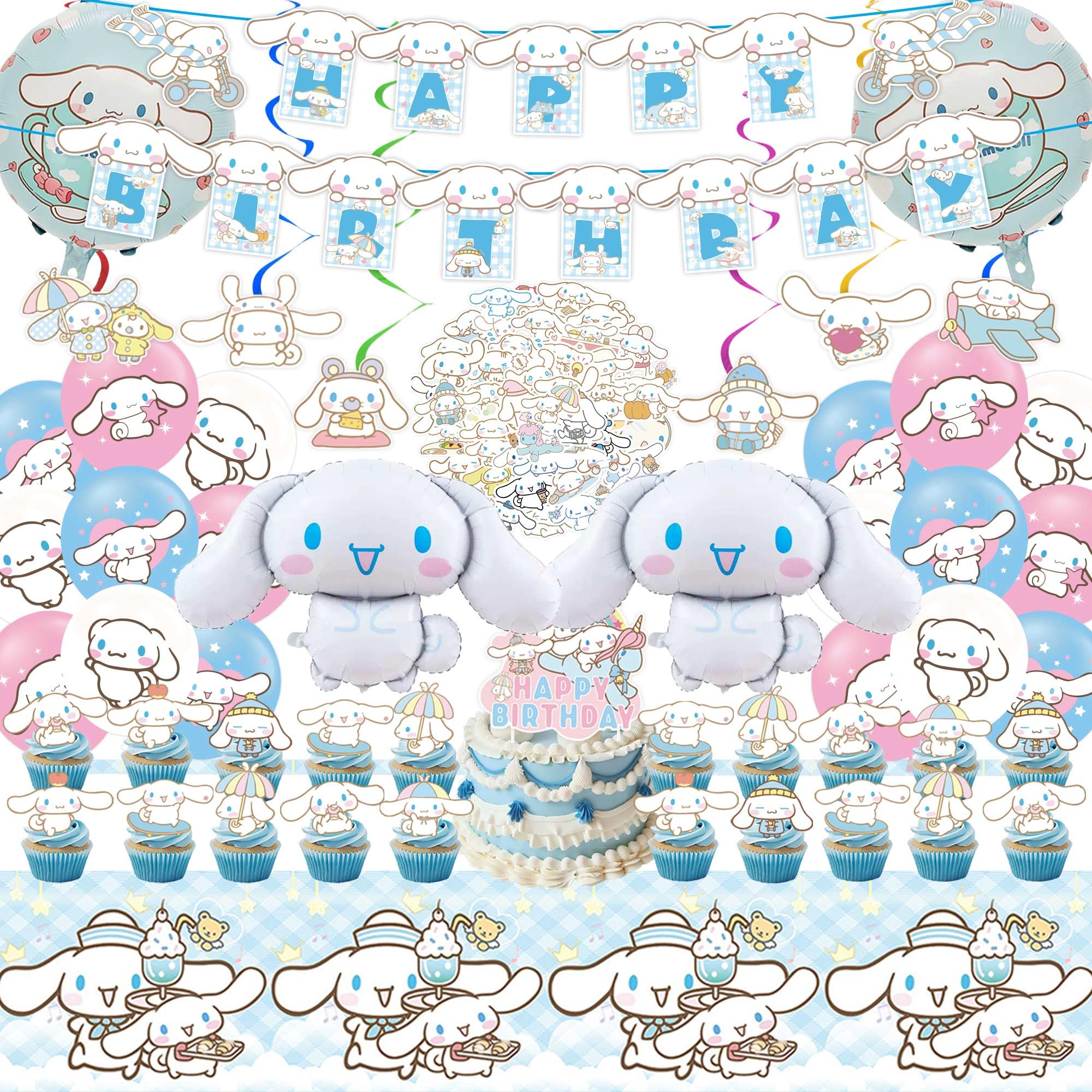 Photo 1 of Birthday Party Decorations, Cute Party Supplies Include Banner, latex Balloons, Hanging Swirls, Foil Balloon, Cake Cupcake Toppers, Tablecloth for Theme Party