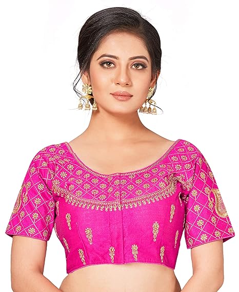 Semi Stitched Raw Silk Blouse With Hand Work (Front And Back) Colour : Pink (BLR-05-RANI)