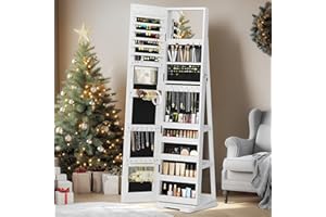 sogesfurniture 360° Swivel Jewelry Cabinet, Full Length Mirror Wooden Jewelry Boxes & Organizers, Jewelry Storage Cabinet with Mirror, Standing Jewelry Makeup Storage Lockable Armoire with Lock