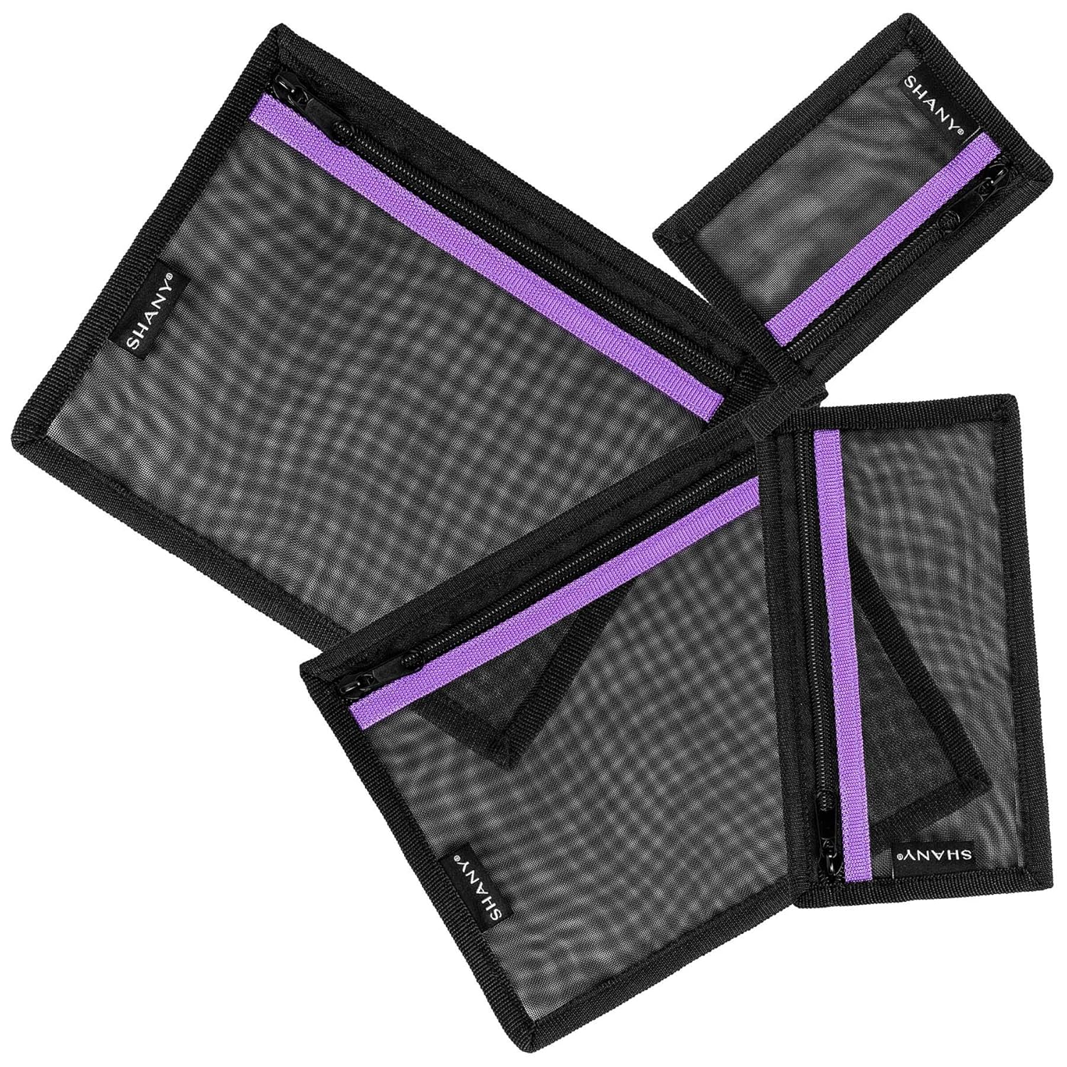 SHANY 4-in-1 Mesh Travel Toiletry and Makeup Bag Set - Assorted Sizes Cosmetic Organizers with Attaching Loops and Purple Accent