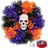 Wizcave 24 in Halloween Wreath with Skull and Color-Changing Lights | Halloween Decorations Outdoor with Storage Bag, 7 Modes, Spooky Wreath for Front Door, Window, Wall