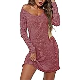 Ekouaer Womens Nightgown Long Sleeve Rib Knit Pajama Dress V Neck Soft Loungewear Sleepwear S-XXL
