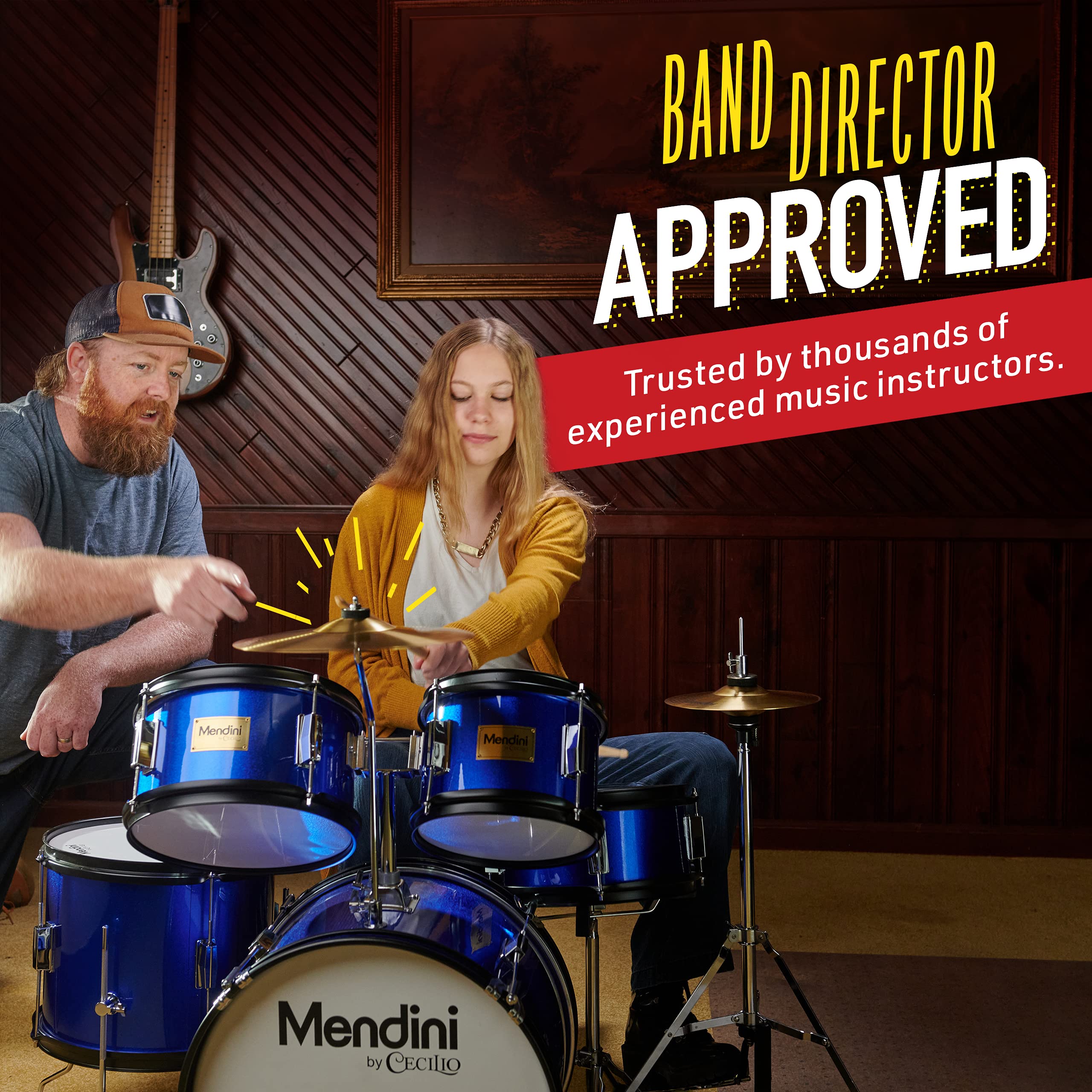 Mendini by Cecilio Kids Drum Set, 5 Piece 16 Inch Junior Drums Kit with Bass, Toms, Snare Drum, Cymbal, Hi-Hat, Drumsticks & Seat for Beginner Student (Metallic Blue)