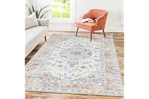 Mcadore 5x7 Area Rugs Washable Boho Rug, Non Slip Carpet for Living Room, Bedroom, Kitchen, Soft Low-Pile Rug, Lvory/Floral