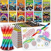 BenLouis 12 Monster Truck Mini Coloring Books Kids with 12 Stacking Crayons Car wheels Party Favors Small Activity Books Bulk for Kids Monster Truck Party Gift Goodie Bag Stuffers