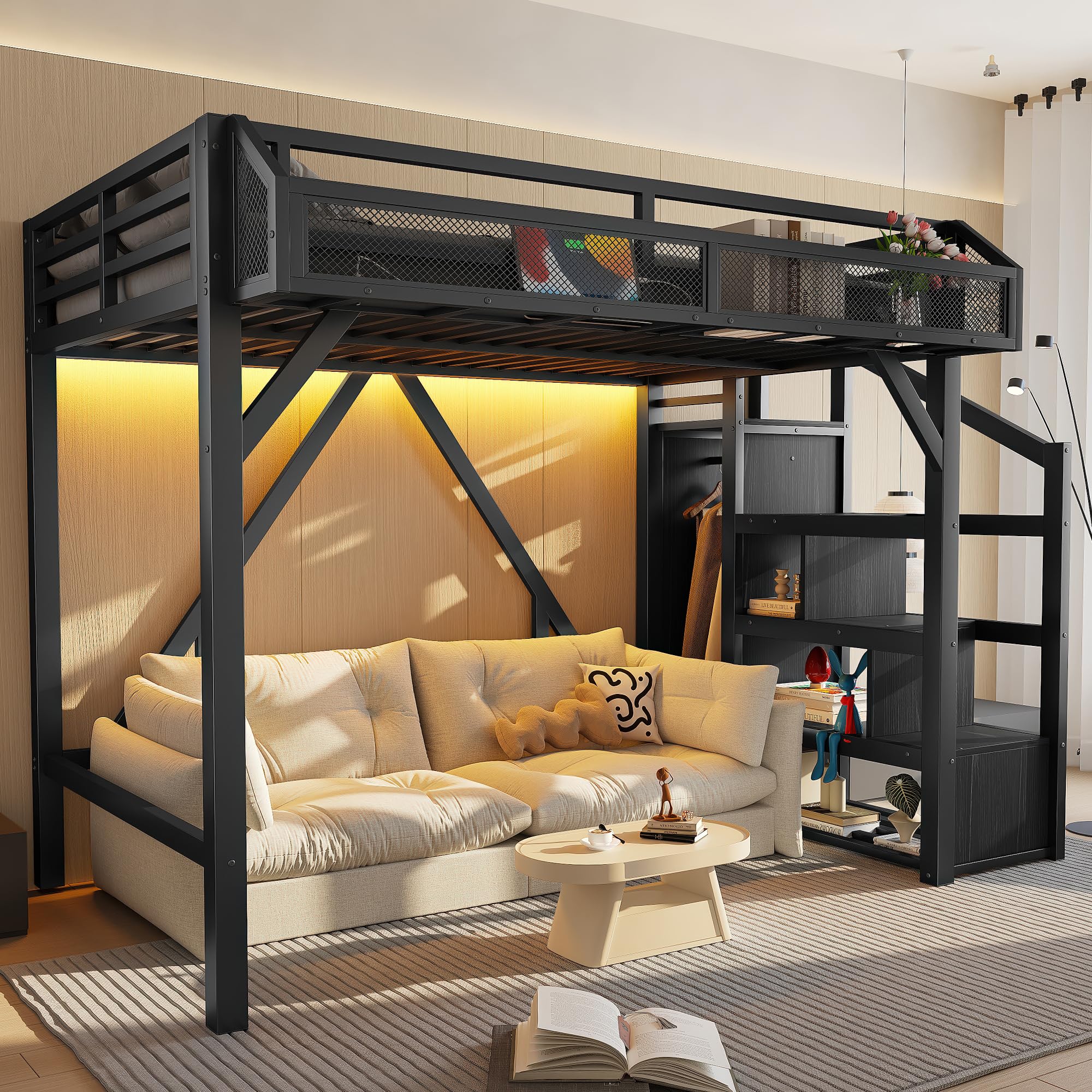Photo 1 of Bellemave Metal Twin Size Loft Bed with Stairs and Wardrobe,Heavy Duty Loft Bed Frame with LED Lights and Charging Station for for Kids,Teens,Adults,Black Woodgrain
