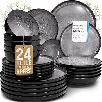 Steingut Geschirrset 6 Personen Ibiza 24 tlg. TESTSIEGER, Traumhaftes Mediterranes Steingut Geschirr Set, Schüssel- und Teller Set, Tafelservice 6 Personen, Geschirrsets Pure Living in Grau