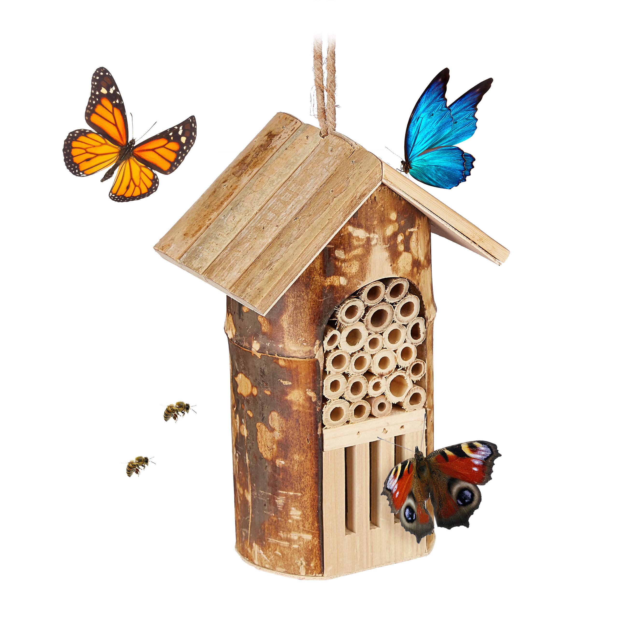 Relaxdays Insect Hotel, Nesting Aid for Wild Bees & Butterflies, Hanging Decor, House-Shaped, 20 x 13.5 x 10 cm, Natural