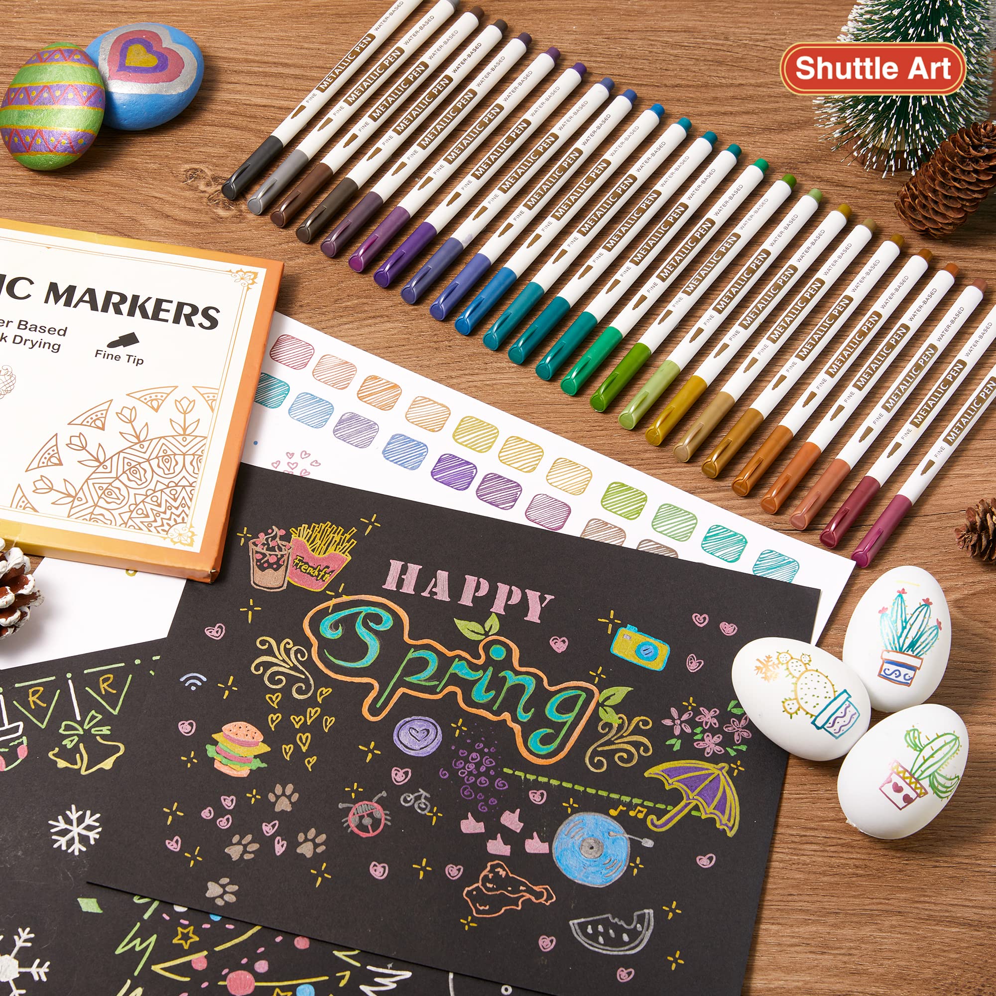 Shuttle Art Metallic Marker Pens, 24 Colors Metallic Paint Markers Fine Point for DIY Card, Calligraphy, Art and Crafting Projects, Works Great on Black Paper, Scrapbooks, Fabric, Rock.