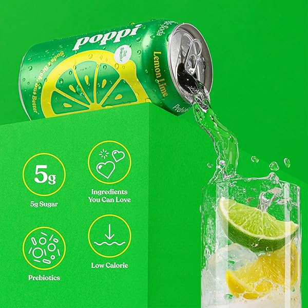 POPPI SPARKLING PREBIOTIC SODA BEVERAGE WITH APPLE CIDER VINEGAR, SELTZER WATER AND FRUIT JUICE, LEMON LIME FLAVOR, 12 FL OZ, 1 COUNT, PACKAGING MAY VARY