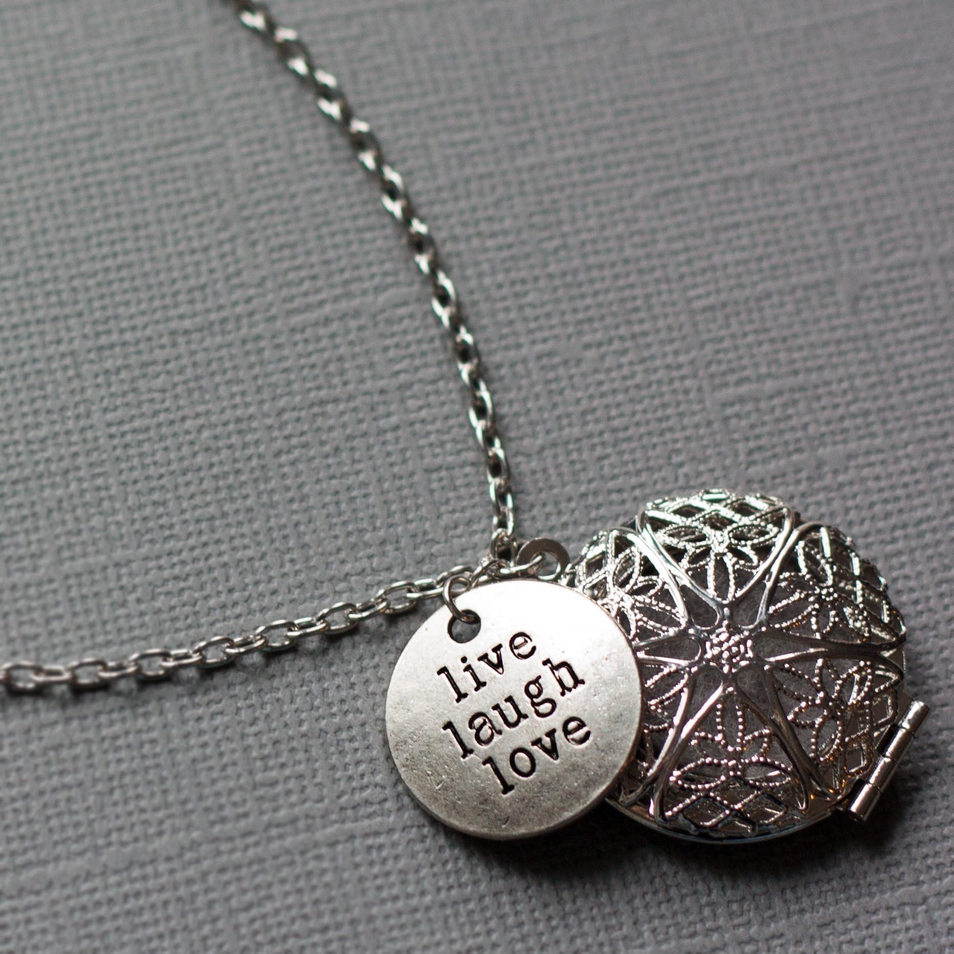 Essential Oil Diffuser Necklace for Aromatherapy with Live Laugh Love Charm, Stainless Steel Locket and Chain